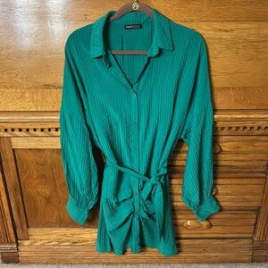 SHEIN Kelly Green Drop Shoulder Long Sleeve Belted Shirt Dress